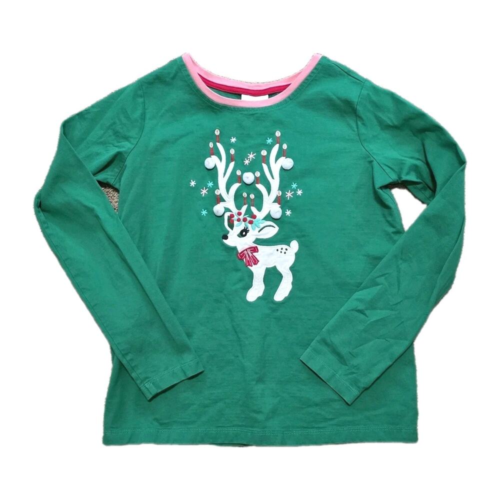 Hannah Anderson Girls Reindeer TShirt Size 160 14/16 Green Holiday Long Sleeve